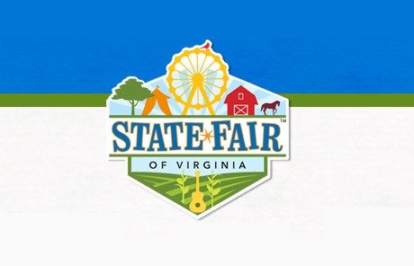 State Fair of Virginia logo. Stylized image with blue sky, green grass, tree, tent, ferris wheel. barn, horse, field, and guitar.